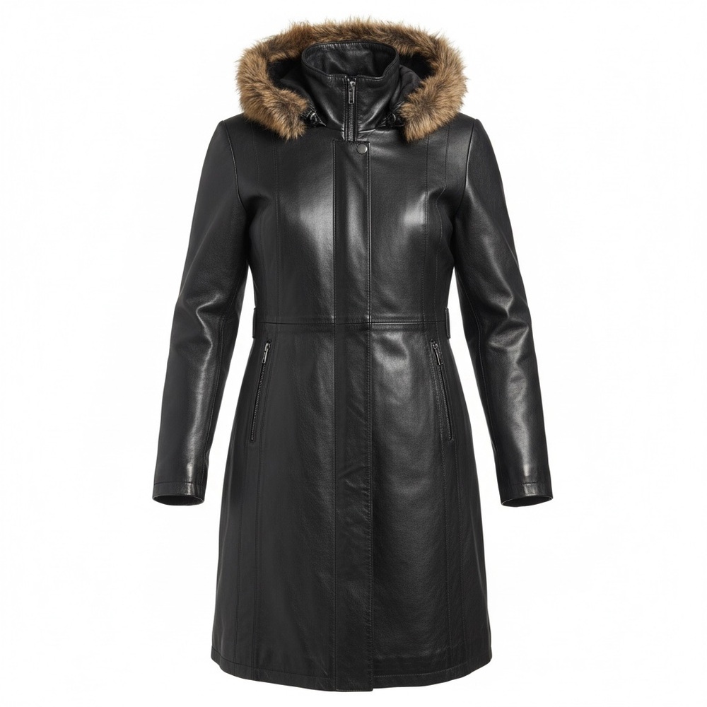 NWT Genuine Elegant Black Lamb Leather Jacket w/ Removable Faux Fur Trim Hoody